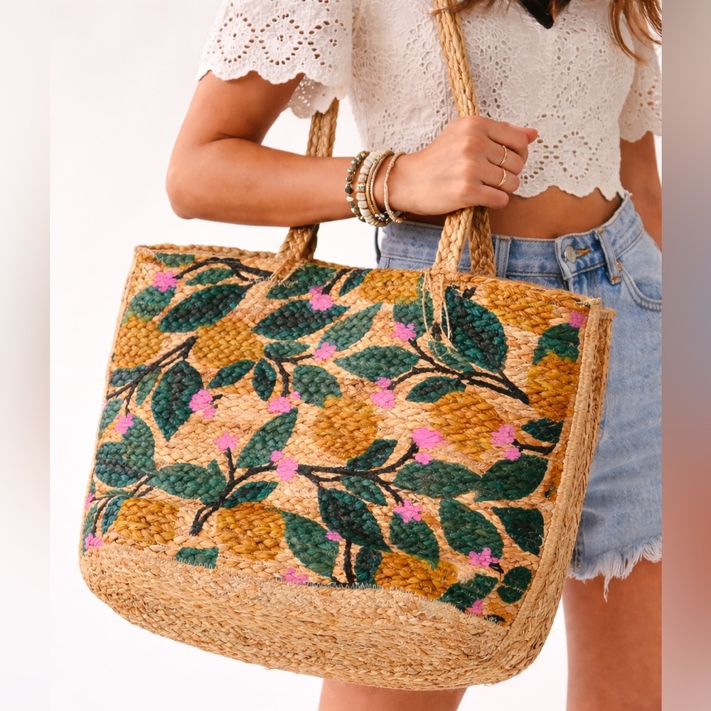 Anju Capri Jute Tote Lemon Breeze Citrus Handcrafted Artisan Market Bag NWT